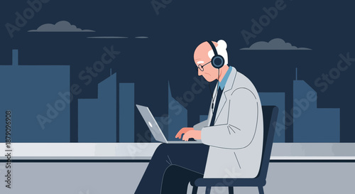 Senior professional with headphones working remotely on his laptop in the city office