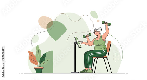 Senior woman actively exercising with dumbbells while watching online fitness tutorial