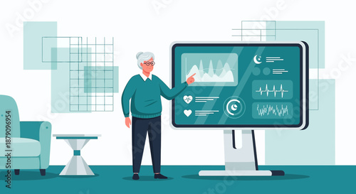 Senior woman interacting with healthcare technology for remote monitoring and assistance