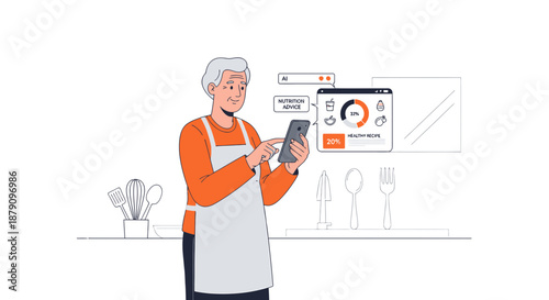Senior woman utilizing an AI application for nutrition advice while cooking at home