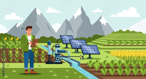 Sustainable agriculture utilizing solar powered water pump in a landscape scene featuring terraced