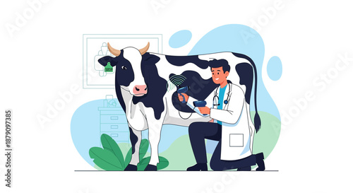 Veterinarian examining a cow with modern technology for health monitoring and management on farm