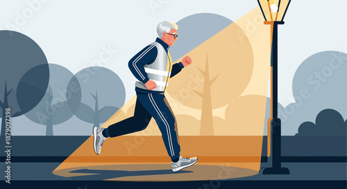 Vibrant vector illustration of an elderly man jogging in the twilight hours for healthy activity