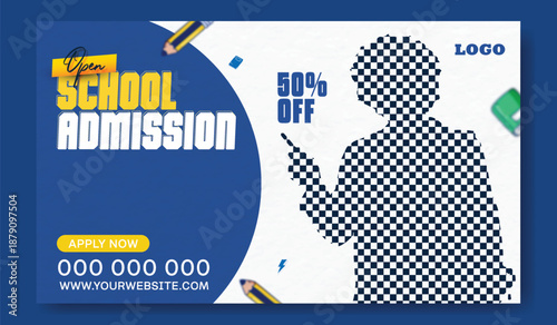 Back to school concept with two happy students on blue background.
Back to school advertisement with smiling young student holding books