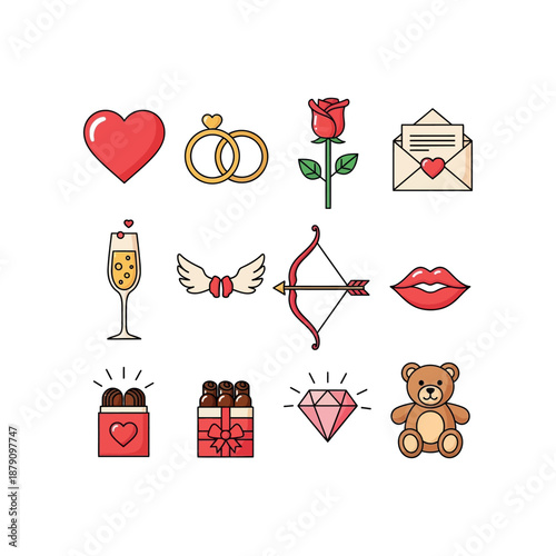 Collection of romantic symbols and gift ideas illustration on white background viewed straight