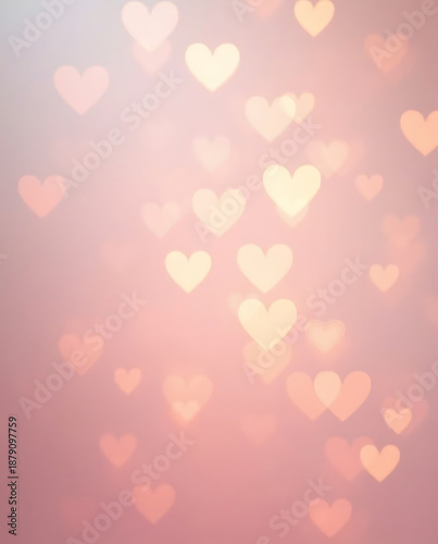 Soft focus pink heart shapes create a romantic bokeh background for valentines day celebrations and love themes