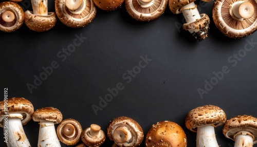 Fresh chestnut mushrooms creating a border on black background