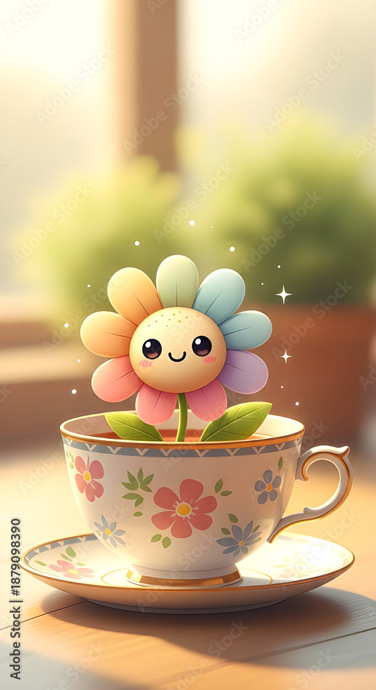 Fototapeta premium Cute smiling flower growing in a teacup illustration