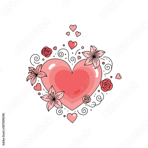 Pink heart surrounded by flowers and swirls in an illustration on a white background