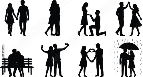 Romantic couple silhouettes vector set of 8 black figures showing love scenes walking hugging and proposing on white