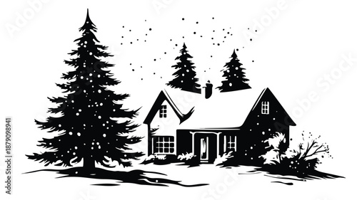 Christmas Home Black Silhouette Vector Art and Illustration