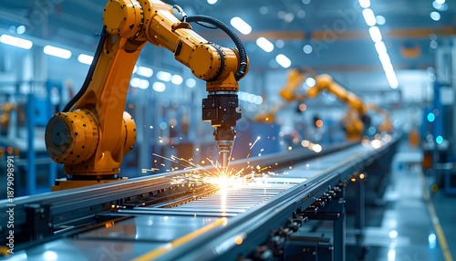 Industrial robots at work welding metal parts on a conveyor belt, sparks flying