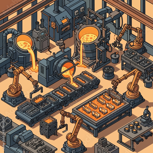 Industrial factory production line with molten metal being poured into molds.