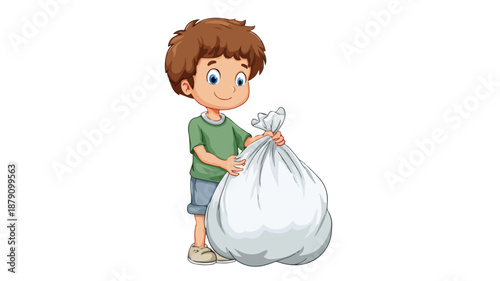 Cute Boy Holding Garbage Bag Vector Illustration with Outline Isolated on White Background