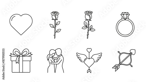 Minimalist love line icons set with heart shape rose stems diamond engagement ring gift box hugging couple cupid heart with wings and bow arrow for valentine day greeting card graphic design