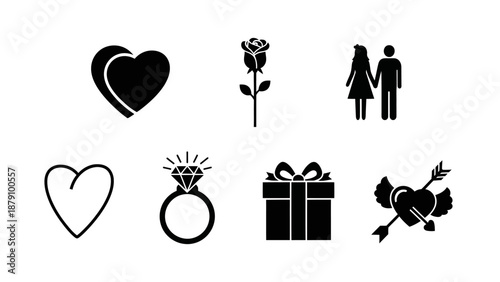 Assorted love symbols featuring heart silhouettes romantic rose wedding ring with diamond gift box winged heart with arrow and walking couple for valentine day and marriage event visual design