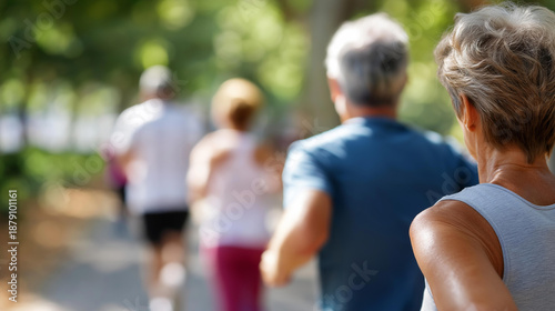 Faceless senior healthy group jogging together at park, elderly cardio exercise, outdoor fitness community, active aging lifestyle, defocused running path background, with copy space