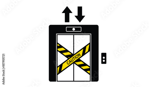 Caution Elevator out of service with yellow and black warning tape