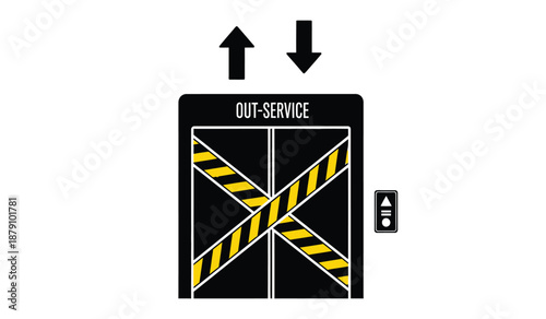 An out of service elevator with warning tape and directional arrows displayed