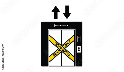 An out of service elevator with caution tape across the doors