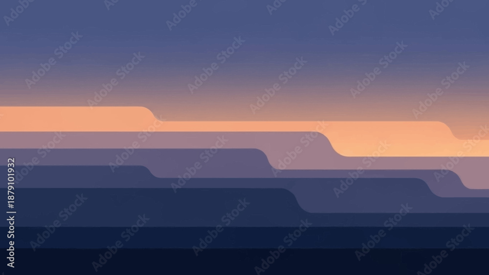 Naklejka premium Abstract layered landscape with warm sunset and cool twilight colors creating a serene and modern geometric vista, ideal for backgrounds or design elements