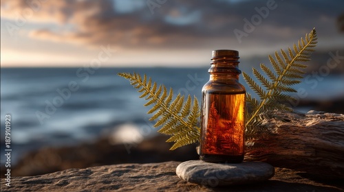 Serene coastal scenery with essential oil bottle at sunset.