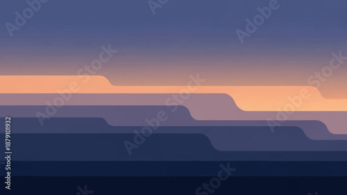 Abstract layered landscape with warm sunset and cool twilight colors creating a serene and modern geometric vista, ideal for backgrounds or design elements