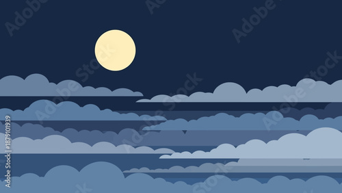 Full Moon Illuminating a Cloudy Night Sky with Soft Blues and Yellow Hues