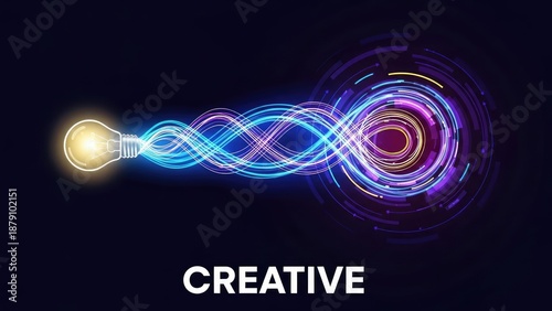 Vibrant lightbulb with colorful glowing energy threads emanating