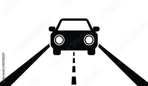 A black silhouette of a car driving down a road with dashed lines