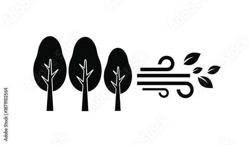 Minimalist black and white illustration of trees and a gentle breeze