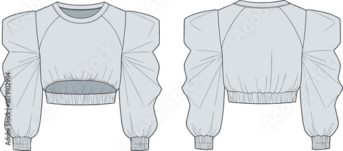 Technical fashion illustration of a light gray crop top with dramatic pleated puff sleeves featuring an elasticated hem and front waist cutout detail