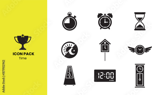 Time and Clock icon set. Containing stopwatch, alarm clock, hourglass, day night cycle, cuckoo clock, flying time, metronome, digital clock and grandfather clock. Solid vector icons collection.