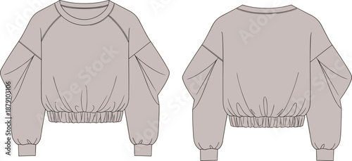 Technical fashion vector illustration of a women's mauve cropped sweatshirt featuring oversized puff sleeves, raglan seams, ribbed crew neck, and elasticized hem.