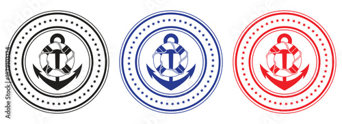Nautical anchor logos with lifebuoys in red, blue, and black