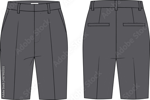 Technical flat sketch of tailored shorts with belt loops, fly front, welt pockets, and darts – front and back views for fashion design reference.