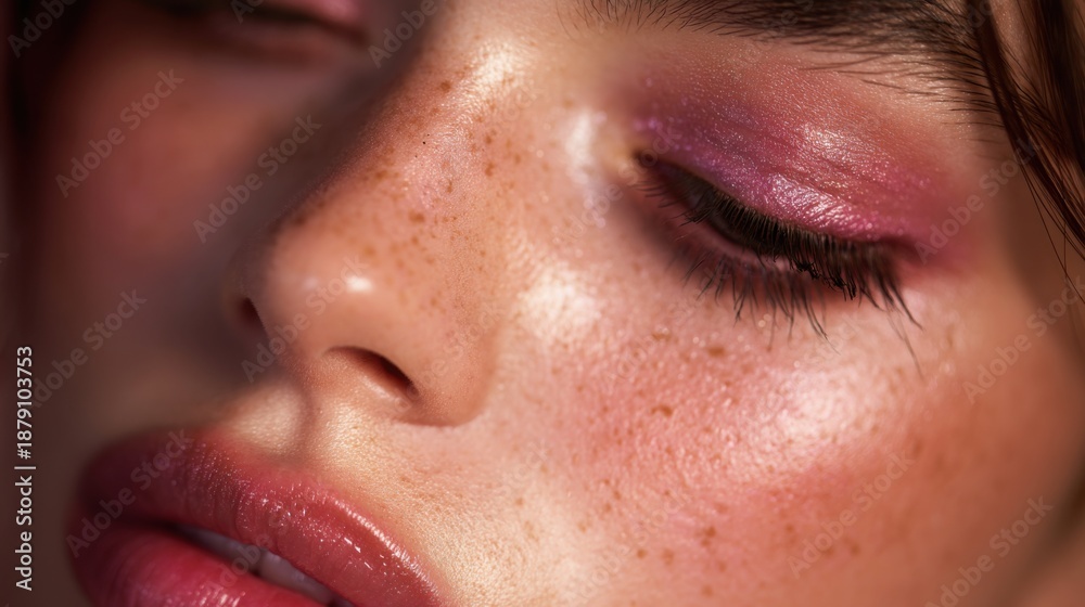 Naklejka premium Close-up of young caucasian female with freckles and pink makeup.