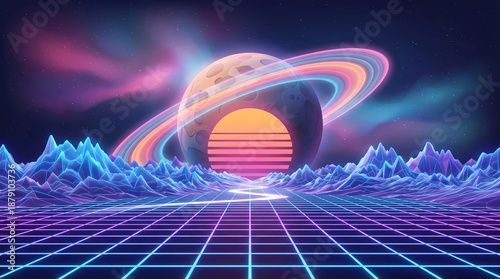 Retrofuturistic planet with neon grid landscape and vibrant cosmic nebula background