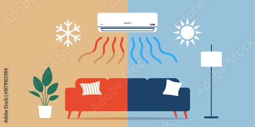 Air conditioning split system for home cooling and heating illustration showing modern AC unit for climate control, energy efficiency, interior comfort, smart home, and creative design projects