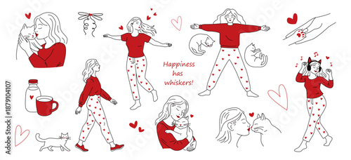 Cute romantic linear vector illustration set with woman and cat. Valentine's Day collection. Girl in pajamas with hearts and her pet.