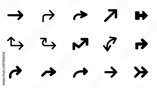 Collection of twelve different black outline arrow icons, including straight, curved, and angled directions on a white background.