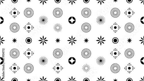 Clean black and white geometric pattern background with radiating circles, starbursts, and diamond shapes. Simple flat design.