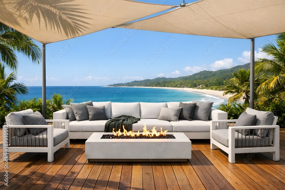 Fototapeta premium Resort style beachfront deck seating for relaxing travel and summer holidays