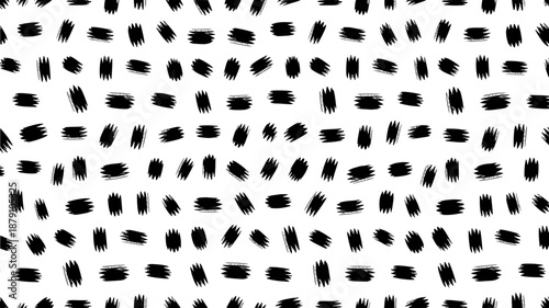 Abstract seamless pattern of black hand-drawn brush strokes on a white background, perfect for graphic design and modern textures.