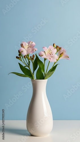 Wallpaper Mural A white vase with pink alstroemeria flowers and green leaves against a light blue background pink flowers Torontodigital.ca
