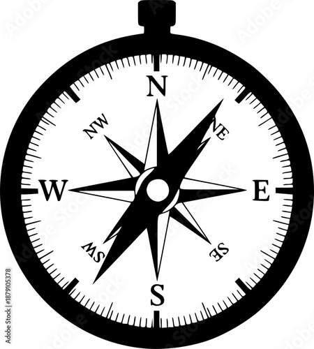 black and white silhouette of a compass vector on a white background
