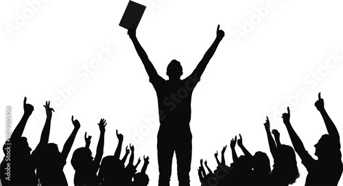 Leader with arms raised in front of cheering crowd silhouette