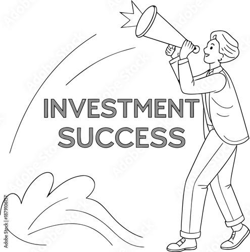 Investment Success: An illustration of an individual with a megaphone announces investment success, a symbol of achieving financial goals and growth.