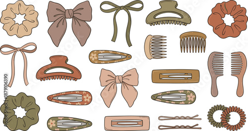 Collection of stylish hair accessories including scrunchies, bows, clips, combs, claws, pins, ties, fashion beauty vector illustrationPrint