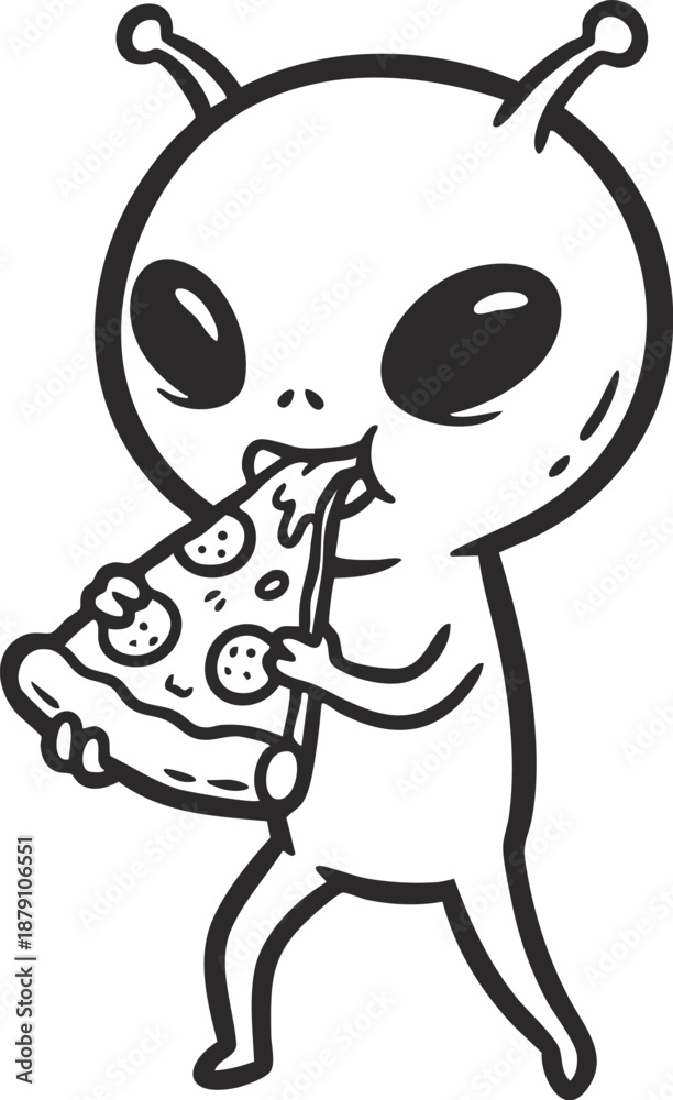 Fototapeta premium Alien eating pizza cartoon vector illustration.